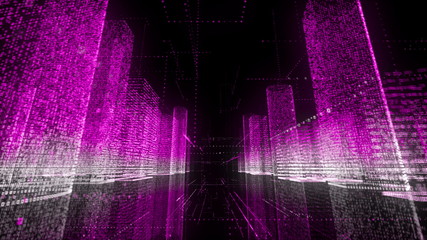 Flying through bright neon digital model of abstract modern city made of symbols in purple and white color on black background. Business, connections and digital technology concept. 3d rendering 4k