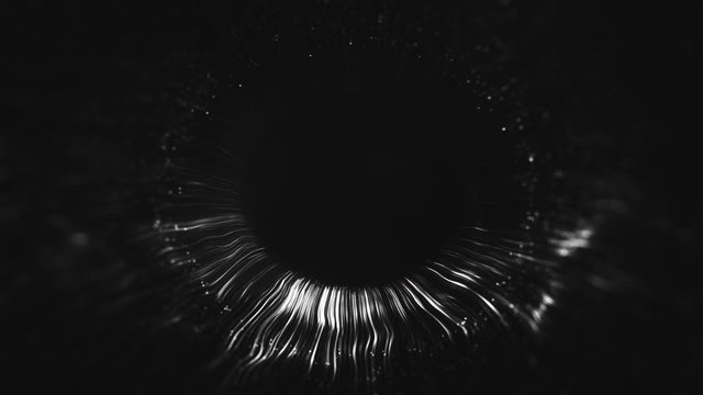 Whide silver lines after a blast scattering out of a bright circle and forming volumetric human blue eye model. Human iris of the eye concept. 3d rendering animated abstract background in 4K.