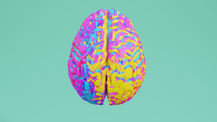 Colorful low poly side view brain 3D render isolated on background