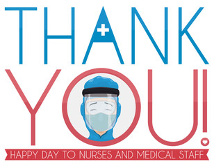 Nurse with PPE Garment inside Thanks Message to Medical Staff, Vector Illustration