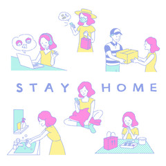 家にこもって過ごす女性のセット