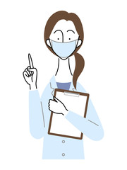 バインダーを持ち、指をさすポーズの女性医師／マスク着用