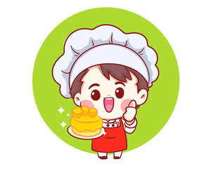 Smiling chefs cooking, holding cake, Bakery cartoon art illustration logo. Premium Vector