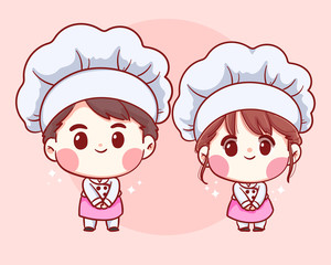 Cute Bakery chefs boy and girl  welcome smiling cartoon art illustration logo. Premium Vector