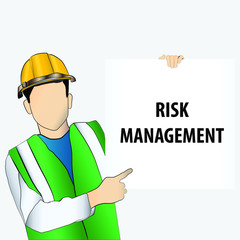 concept of business and marketing, worker holding white card with word RISK MANAGEMENT 