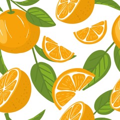 Tropical seamless pattern with oranges. Fruit repeated background. Vector bright print for fabric or wallpaper.