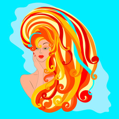 Flat drawing of a girl's face with long hair. Beautiful hairstyle with red curls on a blue background. Vector