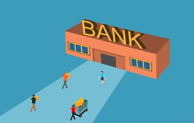 Conceptual image of bank system clients walks to building, vector isometric 