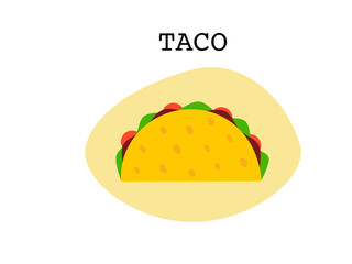 Flat design drawn outline taco icon tortillas Mexican food, Mexican spicy hot food cuisine yummy beef tacos, vector single Taco isolated in white background, text taco, Mexican food traditional 