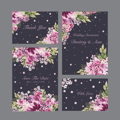 Beautiful Watercolor wedding card with roses flowers, peony and leaves. 