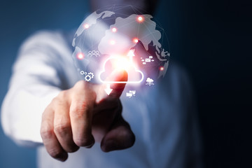 Businessman touching cloud computing network to connecting data information on wireless internet network technology, Social Media, Digital E-commerce.