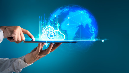 Businessman touching cloud computing network to connecting data information on wireless internet network technology, Social Media, Digital E-commerce.
