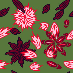 seamless pattern with leaves and flowers doodling style