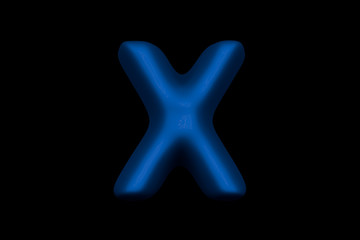 Glossy blue soft plastic alphabet - letter X isolated on black background, 3D illustration of symbols