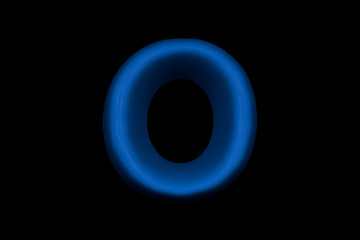 Shiny blue plastic alphabet - letter O isolated on black background, 3D illustration of symbols