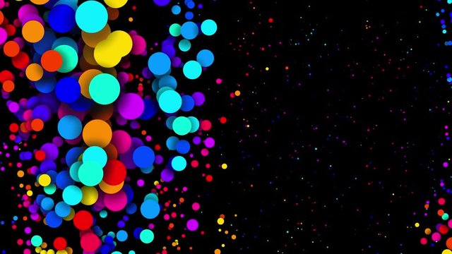 Particles increase and decrease. 4k looped seamless abstract background, beautiful multi-colored circles in flat style like paint bubbles or dye droplets in water. Luma matte as alpha channel.