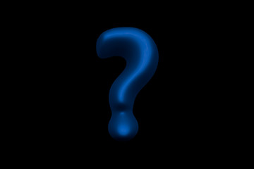 Glossy blue soft plastic font - question mark isolated on black background, 3D illustration of symbols
