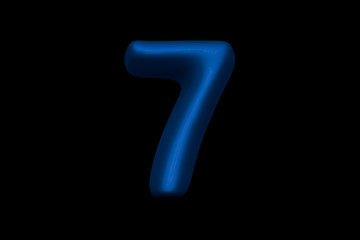 Glossy blue soft plastic font - number 7 isolated on black background, 3D illustration of symbols