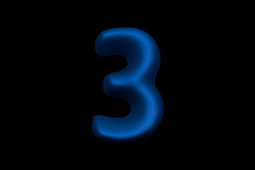 Shiny blue plastic alphabet - number 3 isolated on black background, 3D illustration of symbols