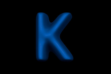 Glossy blue soft plastic font - letter K isolated on black background, 3D illustration of symbols