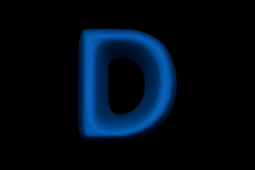 Glossy blue soft plastic alphabet - letter D isolated on black background, 3D illustration of symbols