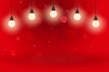 red beautiful brilliant glitter lights defocused bokeh abstract background with light bulbs and falling snow flakes fly, festive mockup texture with blank space for your content