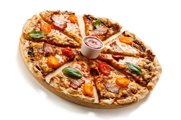 Sliced pizza with bacon, mozzarella and vegetables on white background