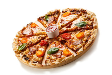 Sliced pizza with bacon, mozzarella and vegetables on white background