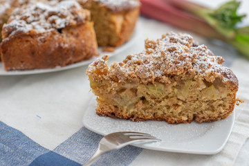 Home made Sweet Rhubarb cake with fresh rhubarb and cinnamon streusel