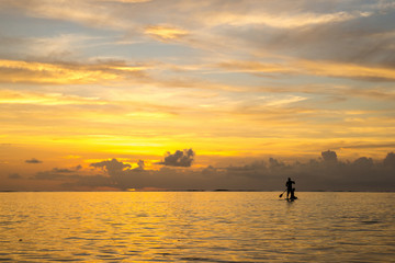 pair of lovers coming back from the ocean by paddle board  against the backdrop of a beautiful sunset in Mauritius