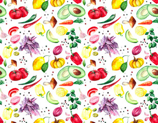 Seamless pattern on the theme of kitchen and cooking with bright vegetables and fruits. Juicy tomatoes, peppers, pumpkins, onions, garlic, avocado, lemon, carrots, mushrooms and Basil. 