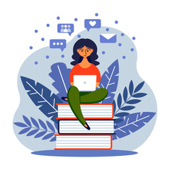 Woman sitting with laptop. Concept illustration for freelancing, studying, online education,online shopping, working from home. Vector illustration in flat cartoon style.