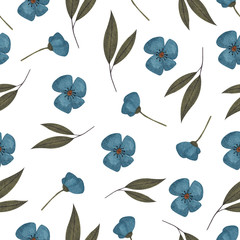 Seamless watercolor background with blue flowers and herbs in vintage style for fabrics, paper, wallpaper, cards