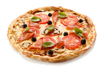 Pizza with ham, mozzarella, champignon and vegetables on white background