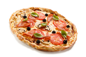 Pizza with ham, mozzarella, champignon and vegetables on white background