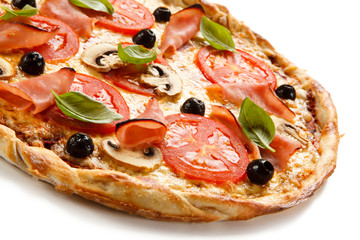 Pizza with ham, mozzarella, champignon and vegetables on white background