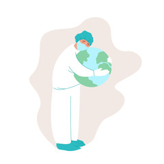 Doctor man or woman in a mask hugs a planet on isolated white background. A young medical worker in uniform takes care of people's health. Vector flat illustration in cartoon style.