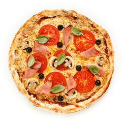 Pizza with ham, mozzarella, champignon and vegetables on white background