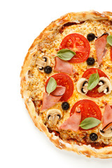 Pizza with ham, mozzarella, champignon and vegetables on white background