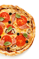 Pizza with ham, mozzarella, champignon and vegetables on white background