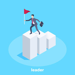 Obraz premium isometric vector image on a blue background, a man in a business suit with a flag runs up to the top of the chart, achieving the goal and leadership in business