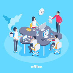 isometric vector image on a blue background, people work in the office at the big curly table, teamwork and workflow