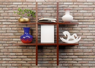 An empty hardcover book on a shelf with objects. Brick wall in the background. Template for advertising a book. 3D rendering.