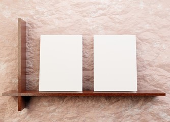 Two empty books on a wooden shelf. Demonstration of book publishing. Template for advertising. 3D rendering.