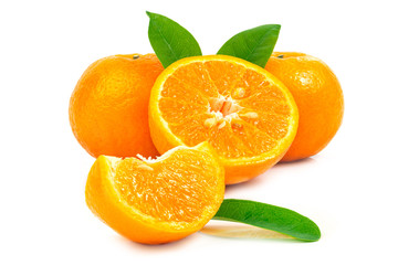 Fresh fruit orange with leaves on a white background