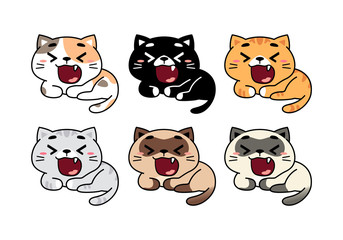 Set of cute yawning cats in different breeds