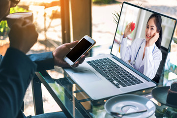 Telemedical of beautiful asian doctor video conference call online talking for follow up remotely with medical coronavirus result at home. Online healthcare digital technology service and support.