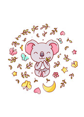 Cute kawaii hand drawn koala doodles, circle print , isolated on white background