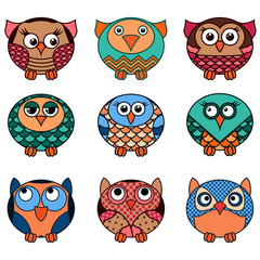 Set of nine funny oval owls in various colors