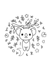 Coloring pages, black and white cute kawaii hand drawn koala doodles, circle print